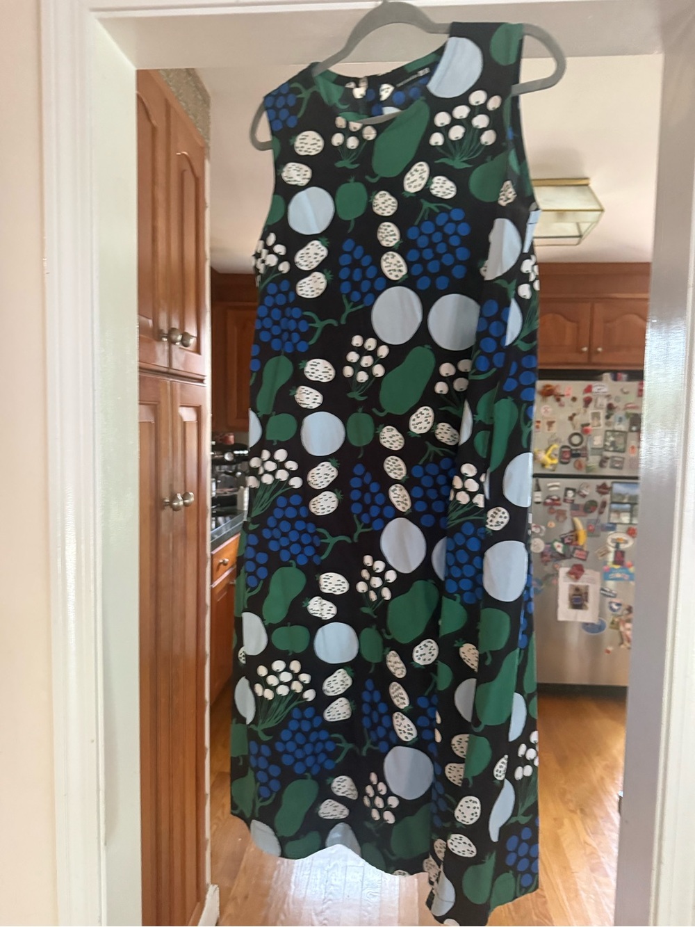 Marimekko Uniqlo Sleeveless Black Shift dress with Blue & Green floral  Print